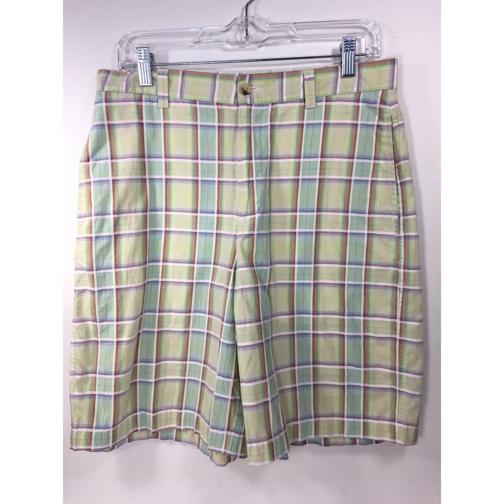 Alan Flusser‎ Golf Shorts Mens 32 Light Green Plaid 100% Cotton Lightweight